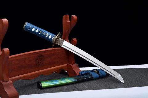 Handmade Japanese Manganese Steel Short Tanto Sword With Black Green Scarbbard #1443