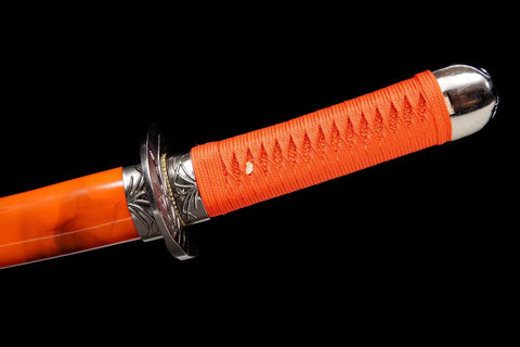 Handmade Japanese T10 Steel Short Tanto Sword With Orange Scabbard Clay Tempered #1424