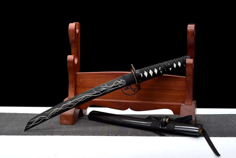 Handmade Japanese Manganese Steel Short Tanto Sword With Black Lightning Blade #1433