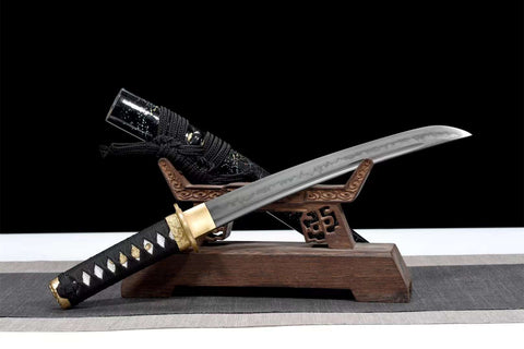 Handmade Japanese T10 Steel Short Tanto Sword With Black Scabbard Clay Tempered #1420