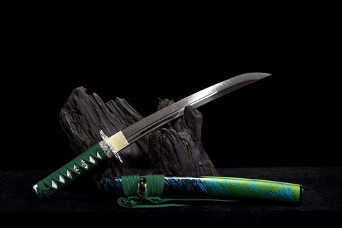 Handmade Japanese T10 Steel Short Tanto  Sword With Black and Green Scabbard Clay Tempered #1425