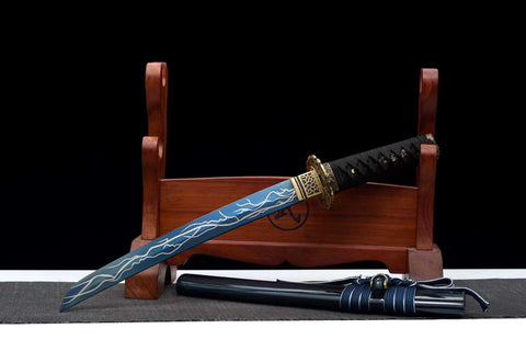 Handmade Japanese Manganese Steel Short Tanto  Sword With Blue Lightning Blade #1434
