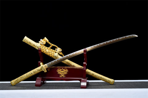 Handmade Spring Steel Full Tang Real Japanese Katana With Gold Phoenix Leather Sheath #1120