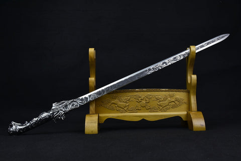 Handmade Stainless Steel Silver Dragon Sword with Leather Sheath#1085