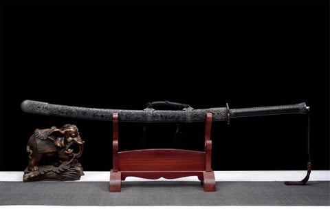 Handmade Manganese Steel Full Tang Real Japanese Katana With Black Leather Sheath #1348
