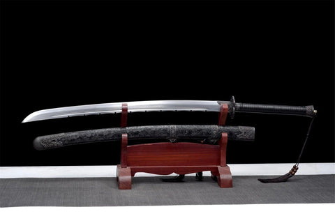 Handmade Manganese Steel Full Tang Real Japanese Katana With Black Leather Sheath #1348